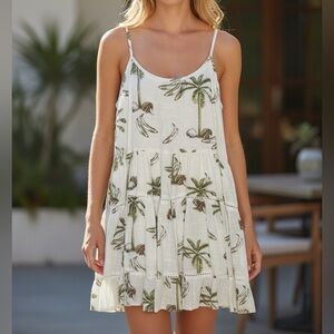 Barok Tropical Palm Tree Print Ivory Babe Doll Mini Dress NWT